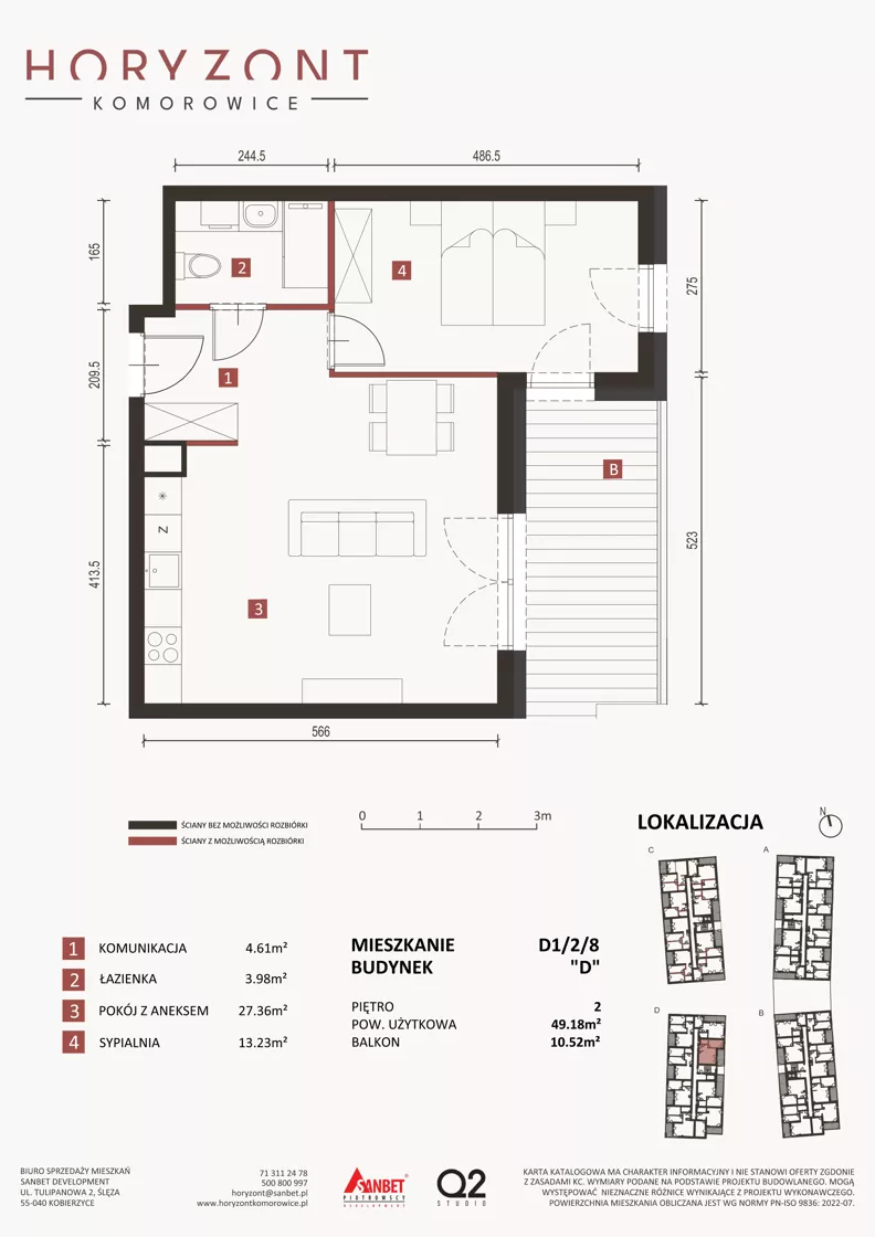2 pokoje, mieszkanie 49,18 m², piętro 2, oferta nr D1/2/8, Horyzont Komorowice, Komorowice, ul. Starobaśniowa