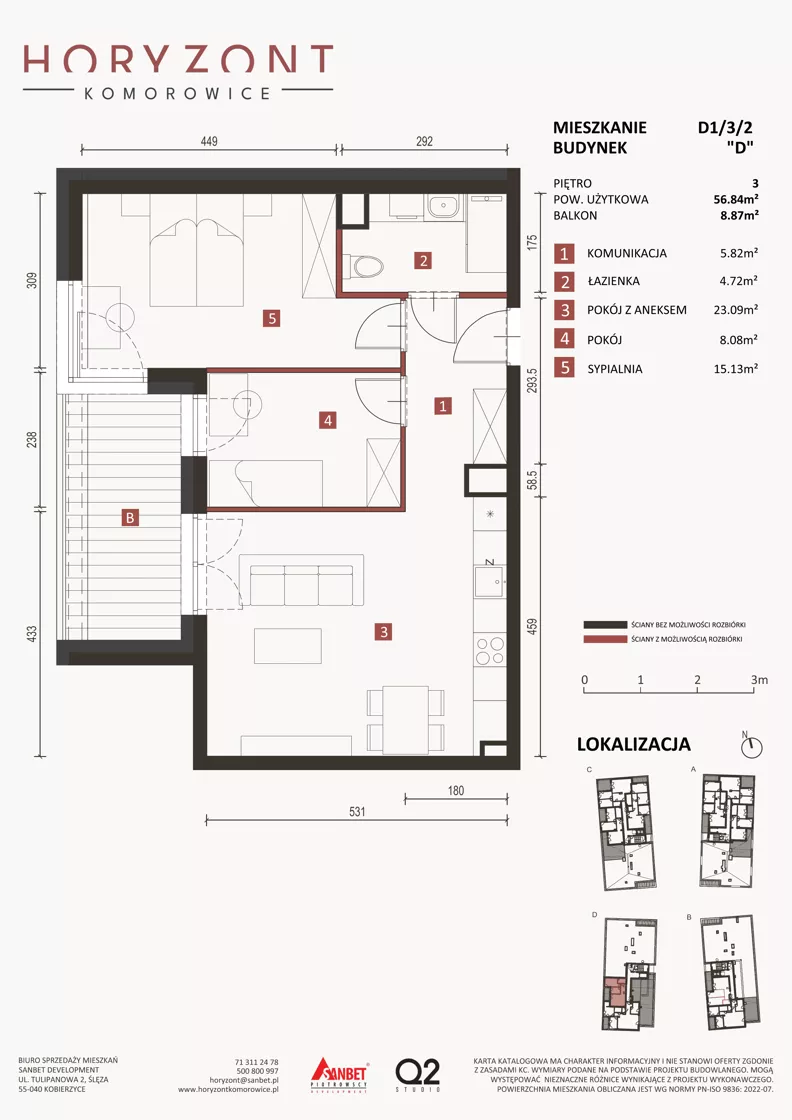 2 pokoje, mieszkanie 56,84 m², piętro 3, oferta nr D1/3/2, Horyzont Komorowice, Komorowice, ul. Starobaśniowa