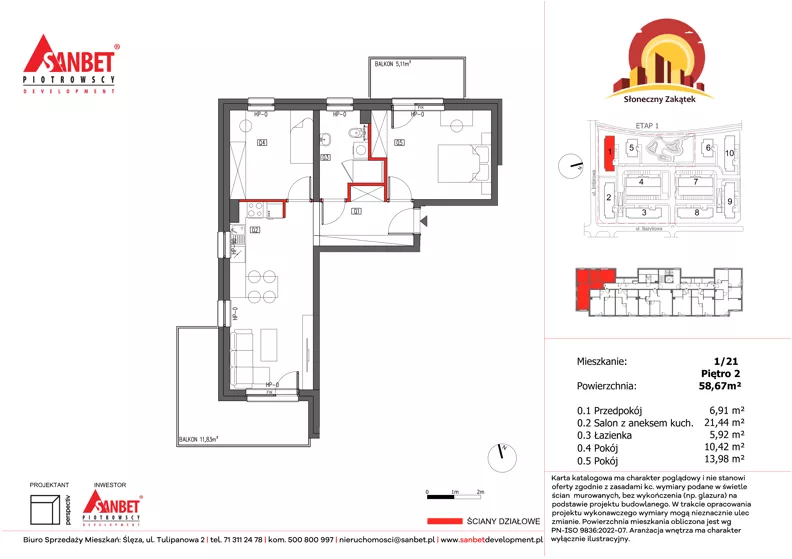 3 pokoje, mieszkanie 58,78 m², piętro 2, oferta nr 1/21, Słoneczny Zakątek – mieszkania, Kąty Wrocławskie, ul. Bazyliowa/Imbirowa