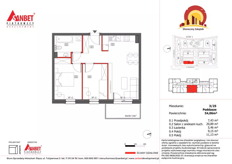 3 pokoje, mieszkanie 54,23 m², piętro 3, oferta nr 3/25, Słoneczny Zakątek – mieszkania, Kąty Wrocławskie, ul. Bazyliowa/Imbirowa