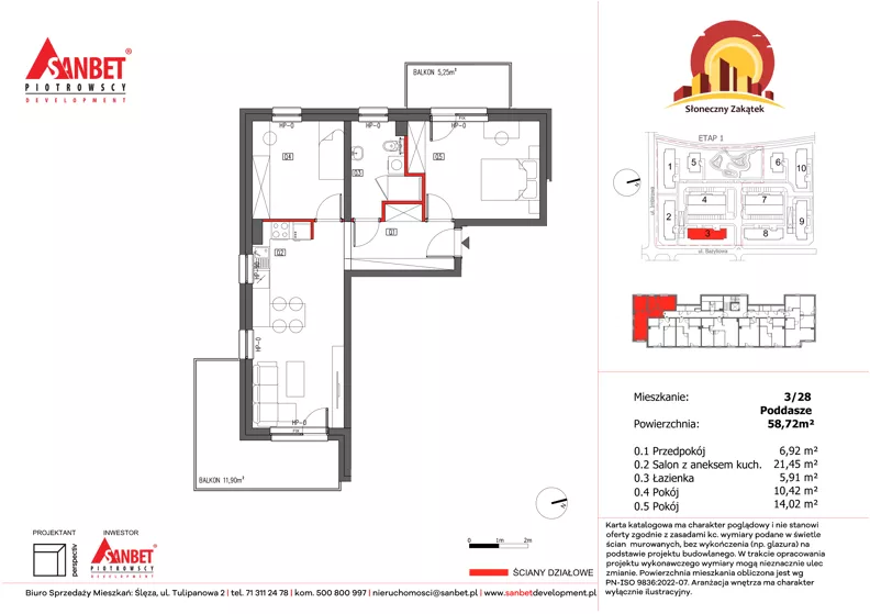 3 pokoje, mieszkanie 58,78 m², piętro 3, oferta nr 3/28, Słoneczny Zakątek – mieszkania, Kąty Wrocławskie, ul. Bazyliowa/Imbirowa