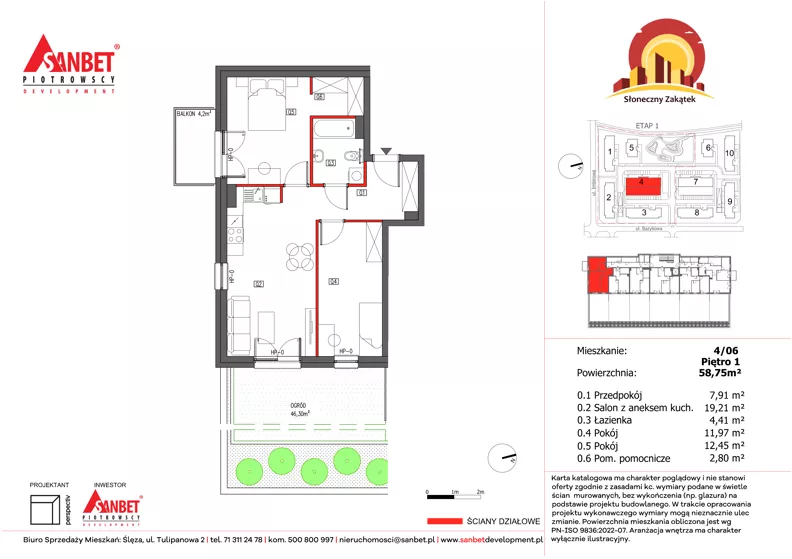 3 pokoje, mieszkanie 58,79 m², piętro 1, oferta nr 4/6, Słoneczny Zakątek – mieszkania, Kąty Wrocławskie, ul. Bazyliowa/Imbirowa