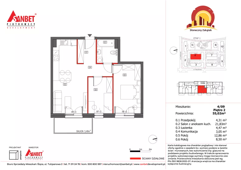 3 pokoje, mieszkanie 55,31 m², piętro 2, oferta nr 4/9, Słoneczny Zakątek – mieszkania, Kąty Wrocławskie, ul. Bazyliowa/Imbirowa