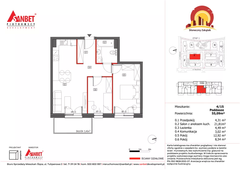 3 pokoje, mieszkanie 55,31 m², piętro 3, oferta nr 4/15, Słoneczny Zakątek – mieszkania, Kąty Wrocławskie, ul. Bazyliowa/Imbirowa