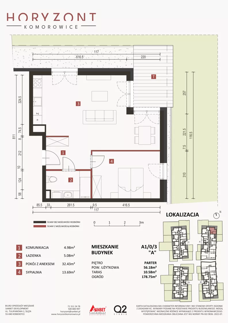 3 pokoje, mieszkanie 56,18 m², parter, oferta nr A1/0/3, Horyzont Komorowice, Komorowice, ul. Starobaśniowa