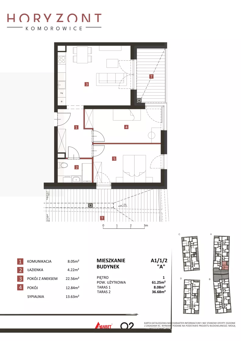 3 pokoje, mieszkanie 61,25 m², piętro 1, oferta nr A1/1/2, Horyzont Komorowice, Komorowice, ul. Starobaśniowa
