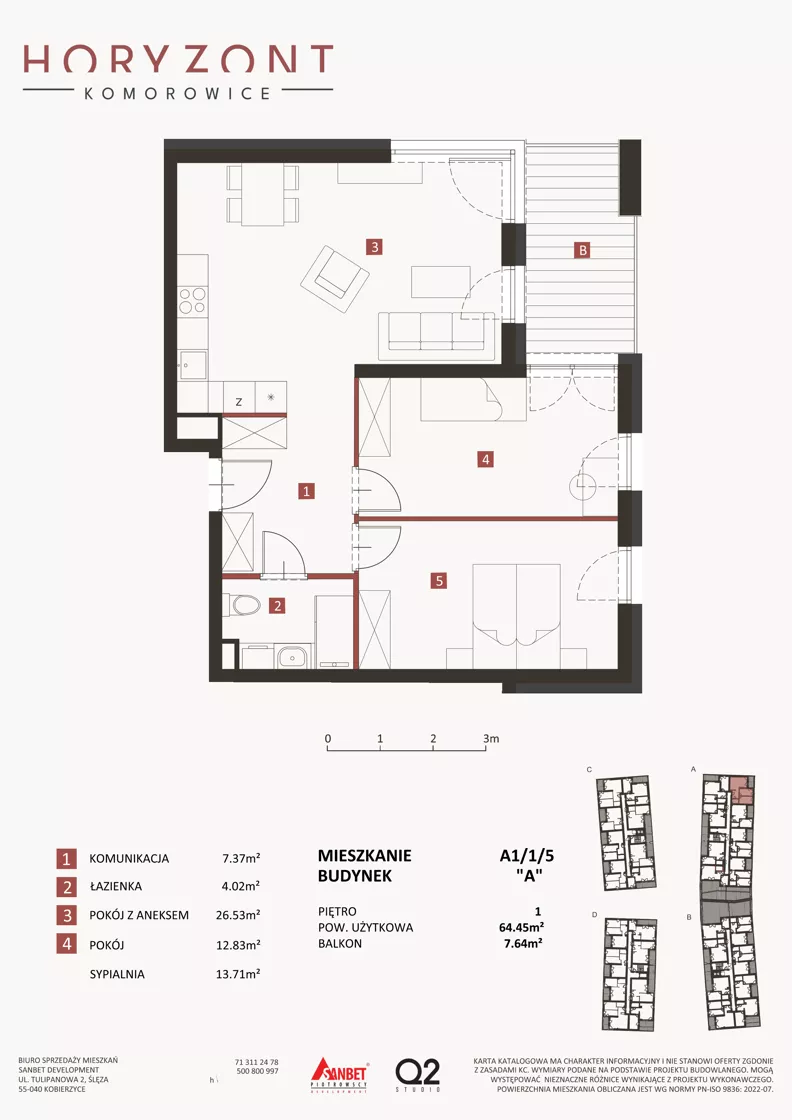 3 pokoje, mieszkanie 64,45 m², piętro 1, oferta nr A1/1/5, Horyzont Komorowice, Komorowice, ul. Starobaśniowa