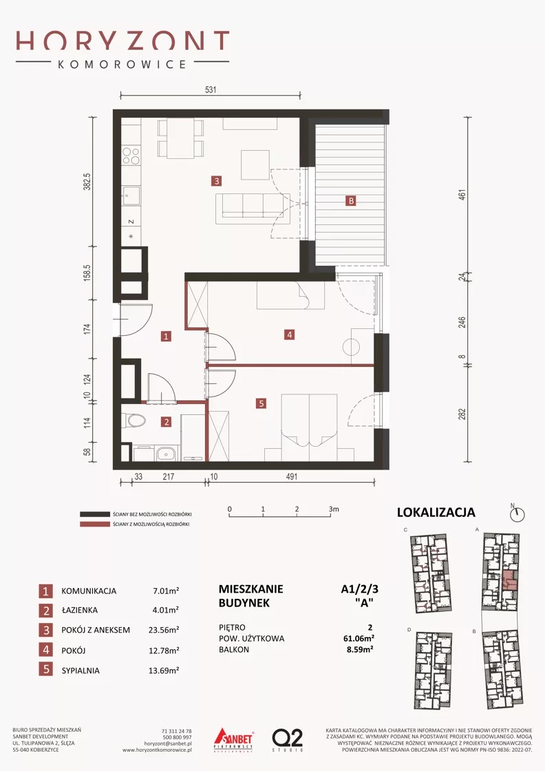 3 pokoje, mieszkanie 61,06 m², piętro 2, oferta nr A1/2/3, Horyzont Komorowice, Komorowice, ul. Starobaśniowa