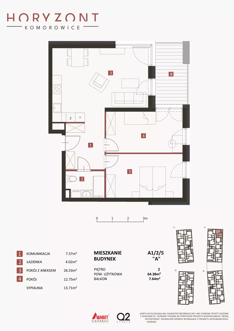 3 pokoje, mieszkanie 64,38 m², piętro 2, oferta nr A1/2/5, Horyzont Komorowice, Komorowice, ul. Starobaśniowa
