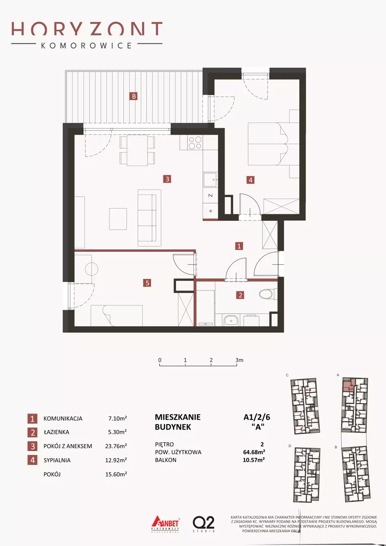 3 pokoje, mieszkanie 64,68 m², piętro 2, oferta nr A1/2/6, Horyzont Komorowice, Komorowice, ul. Starobaśniowa