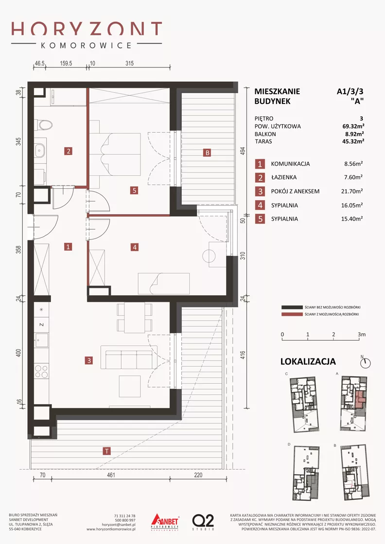 3 pokoje, mieszkanie 69,32 m², piętro 3, oferta nr A1/3/3, Horyzont Komorowice, Komorowice, ul. Starobaśniowa