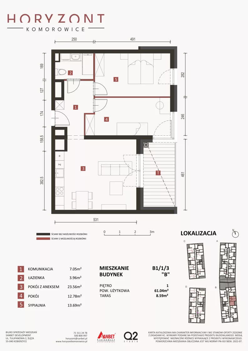 3 pokoje, mieszkanie 61,04 m², piętro 1, oferta nr B1/1/3, Horyzont Komorowice, Komorowice, ul. Starobaśniowa