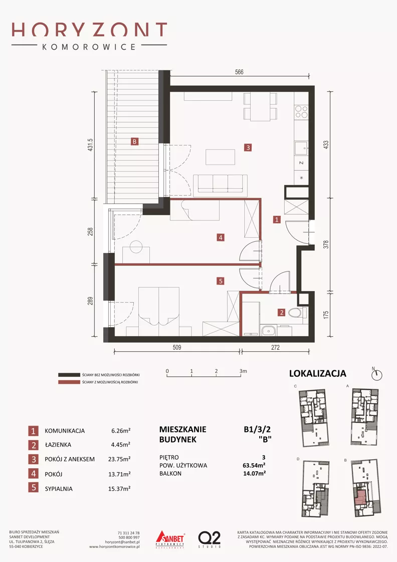 3 pokoje, mieszkanie 63,54 m², piętro 3, oferta nr B1/3/2, Horyzont Komorowice, Komorowice, ul. Starobaśniowa