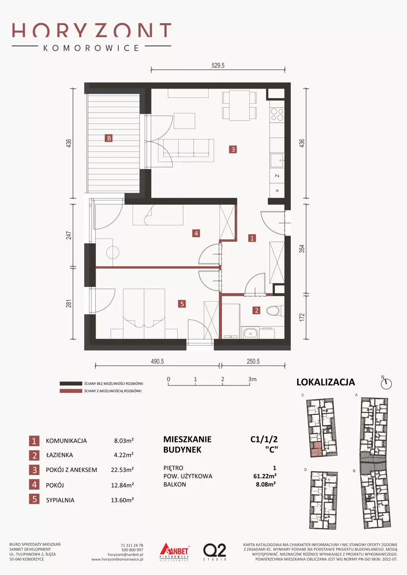 3 pokoje, mieszkanie 61,22 m², piętro 1, oferta nr C1/1/2, Horyzont Komorowice, Komorowice, ul. Starobaśniowa