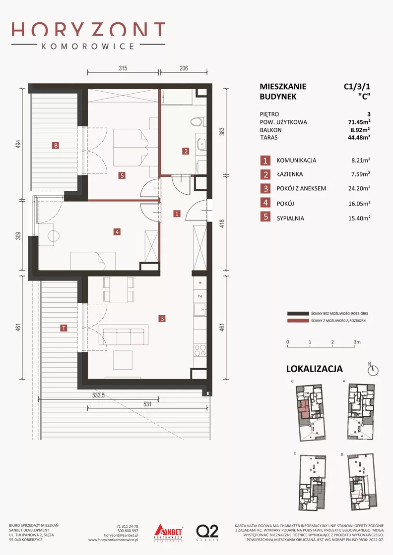 3 pokoje, mieszkanie 71,45 m², piętro 3, oferta nr C1/3/1, Horyzont Komorowice, Komorowice, ul. Starobaśniowa