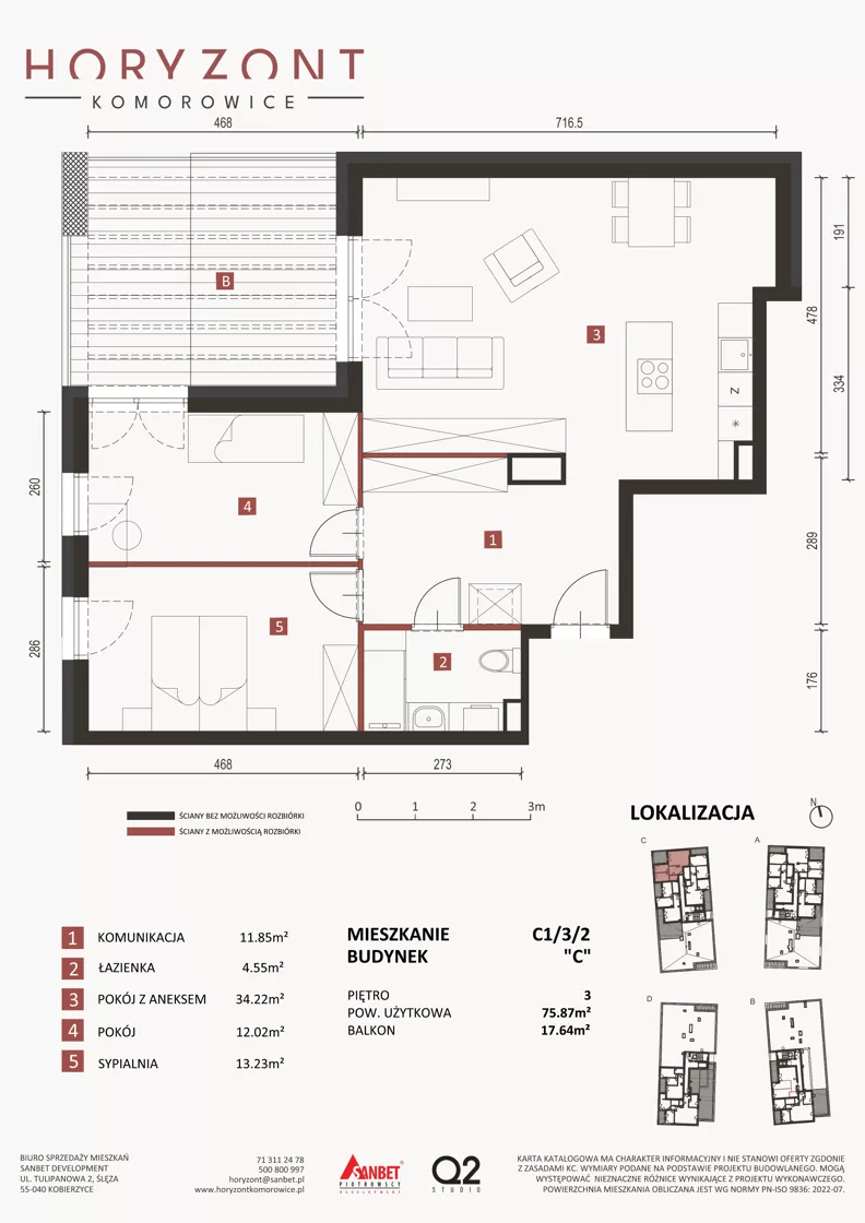 3 pokoje, mieszkanie 75,87 m², piętro 3, oferta nr C1/3/2, Horyzont Komorowice, Komorowice, ul. Starobaśniowa