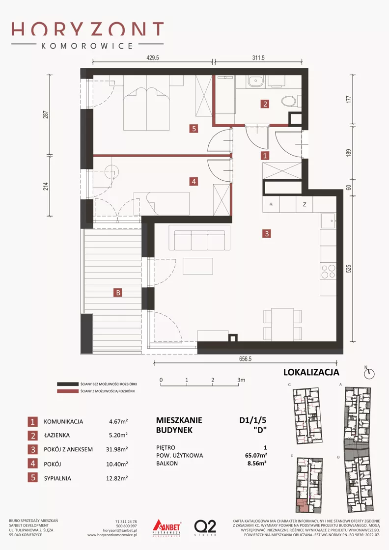 3 pokoje, mieszkanie 65,07 m², piętro 1, oferta nr D1/1/5, Horyzont Komorowice, Komorowice, ul. Starobaśniowa
