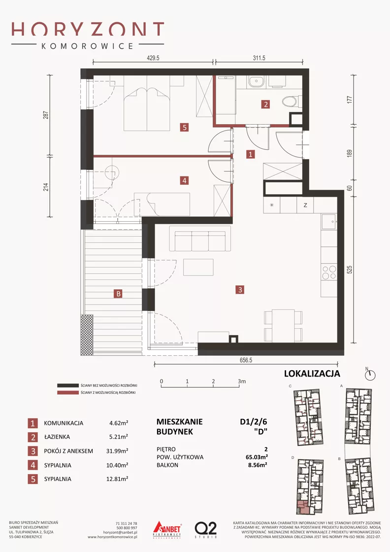 3 pokoje, mieszkanie 65,03 m², piętro 2, oferta nr D1/2/6, Horyzont Komorowice, Komorowice, ul. Starobaśniowa