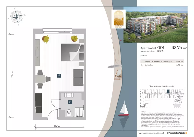 1 pokój, apartament inwestycyjny 32,70 m², parter, oferta nr 0.01, Apartamenty Klifova, Jastrzębia Góra, ul. Klifowa 22