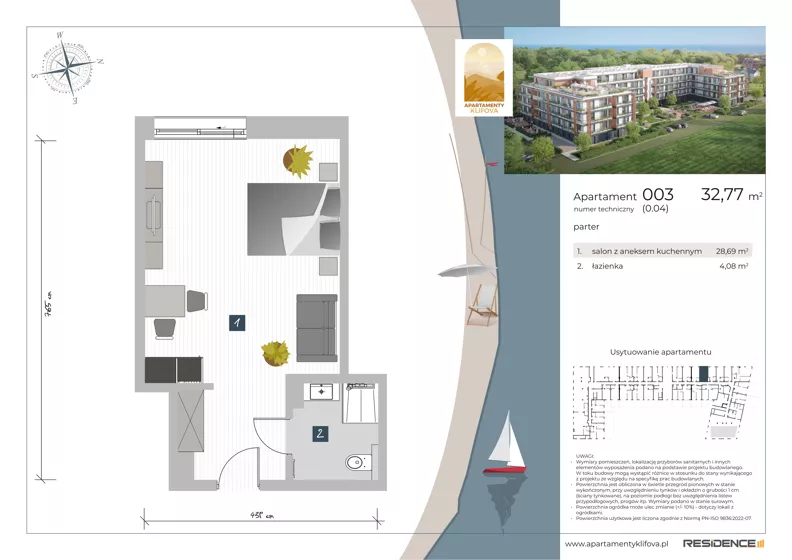 1 pokój, apartament inwestycyjny 32,77 m², parter, oferta nr 0.03, Apartamenty Klifova, Jastrzębia Góra, ul. Klifowa 22