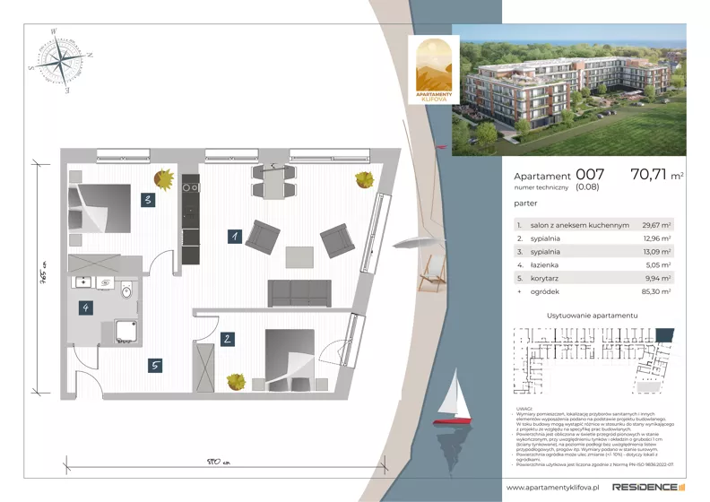 3 pokoje, apartament inwestycyjny 70,71 m², parter, oferta nr 0.07, Apartamenty Klifova, Jastrzębia Góra, ul. Klifowa 22