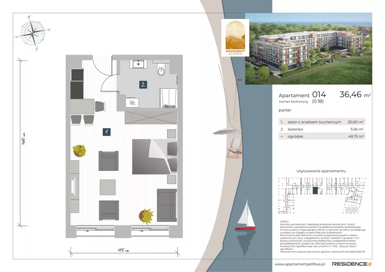 1 pokój, apartament inwestycyjny 36,46 m², parter, oferta nr 0.14, Apartamenty Klifova, Jastrzębia Góra, ul. Klifowa 22