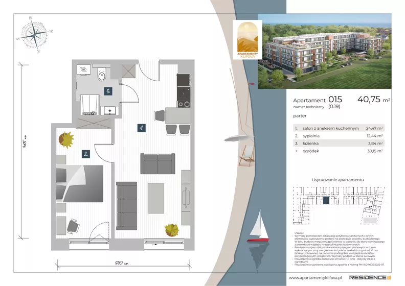 1 pokój, apartament inwestycyjny 40,75 m², parter, oferta nr 0.15, Apartamenty Klifova, Jastrzębia Góra, ul. Klifowa 22