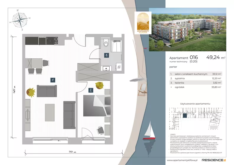 2 pokoje, apartament inwestycyjny 49,24 m², parter, oferta nr 0.16, Apartamenty Klifova, Jastrzębia Góra, ul. Klifowa 22
