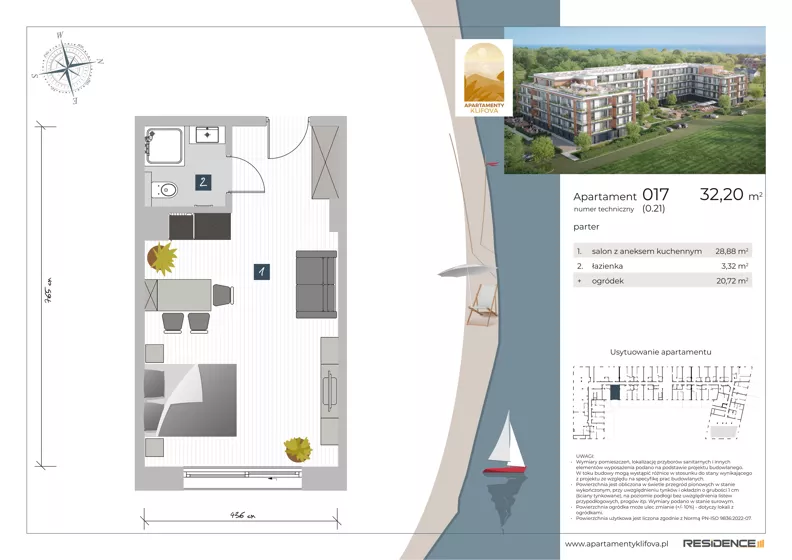 1 pokój, apartament inwestycyjny 32,20 m², parter, oferta nr 0.17, Apartamenty Klifova, Jastrzębia Góra, ul. Klifowa 22