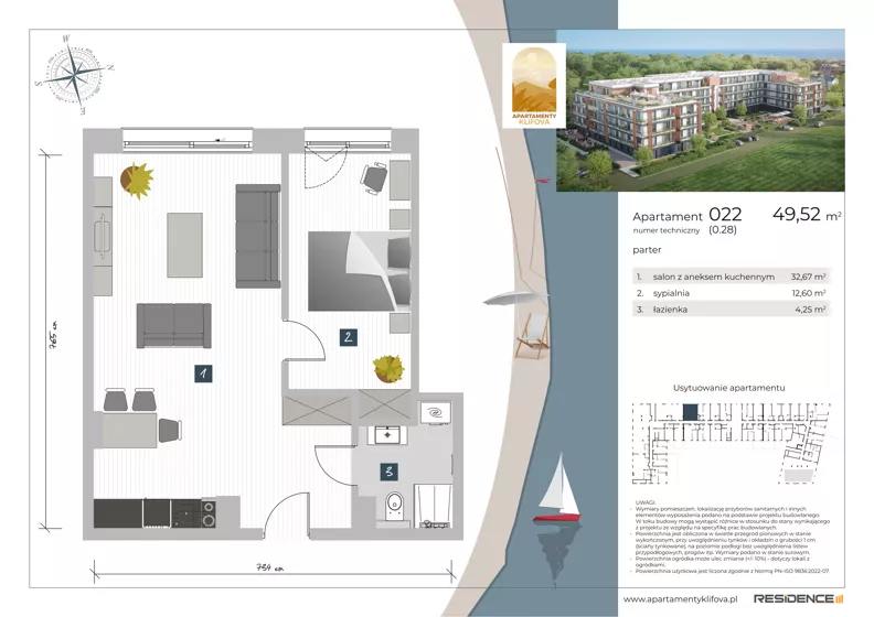 2 pokoje, apartament inwestycyjny 49,52 m², parter, oferta nr 0.22, Apartamenty Klifova, Jastrzębia Góra, ul. Klifowa 22
