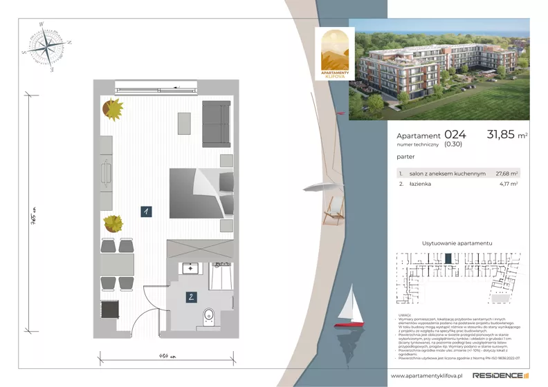 1 pokój, apartament inwestycyjny 31,85 m², parter, oferta nr 0.24, Apartamenty Klifova, Jastrzębia Góra, ul. Klifowa 22