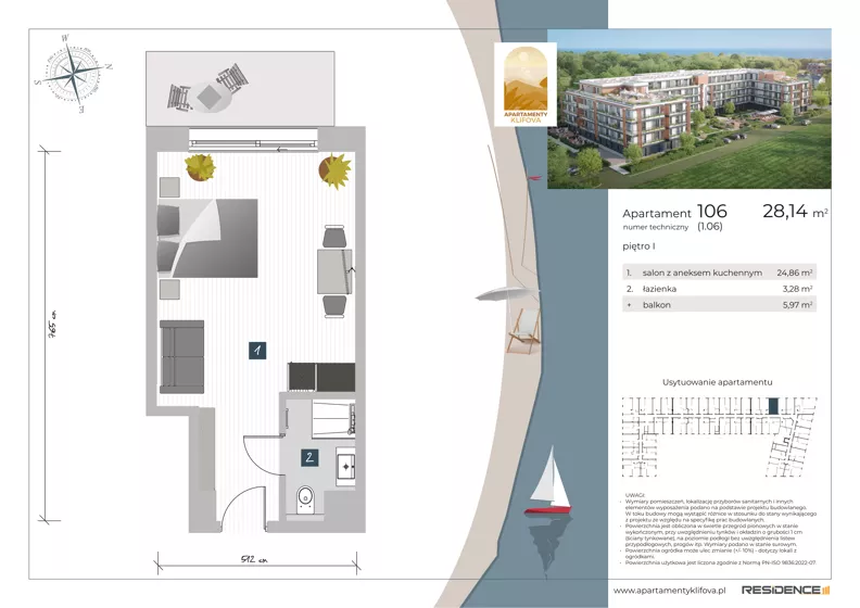 1 pokój, apartament inwestycyjny 28,14 m², piętro 1, oferta nr 1.06, Apartamenty Klifova, Jastrzębia Góra, ul. Klifowa 22