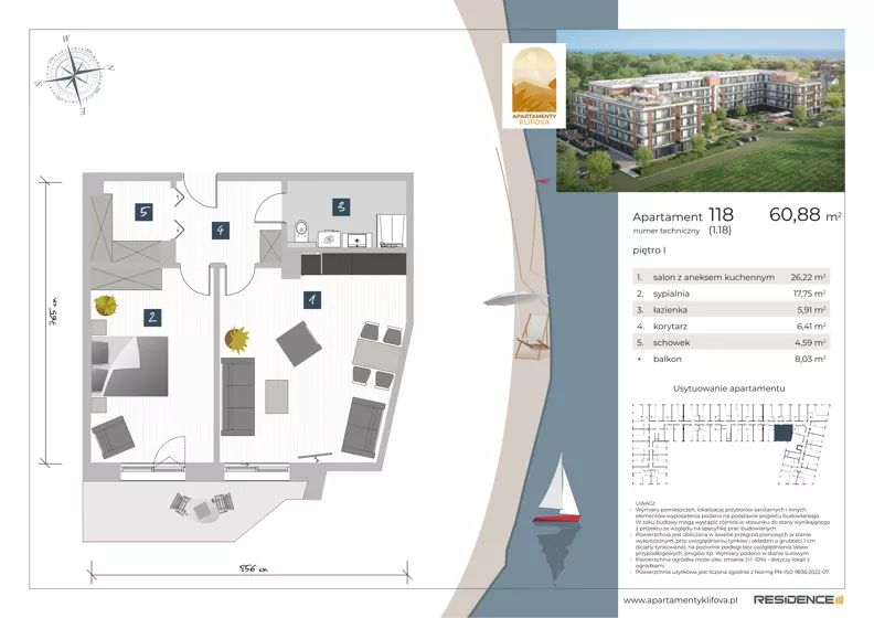 2 pokoje, apartament inwestycyjny 60,88 m², piętro 1, oferta nr 1.18, Apartamenty Klifova, Jastrzębia Góra, ul. Klifowa 22