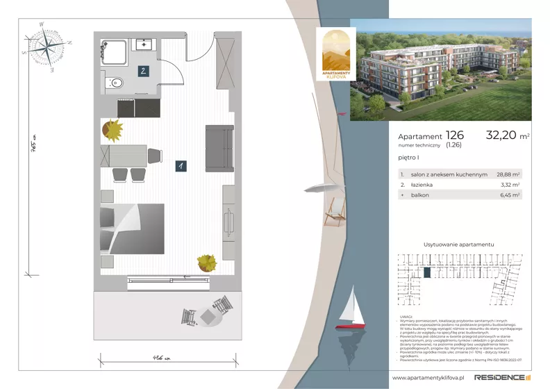 1 pokój, apartament inwestycyjny 32,20 m², piętro 1, oferta nr 1.26, Apartamenty Klifova, Jastrzębia Góra, ul. Klifowa 22