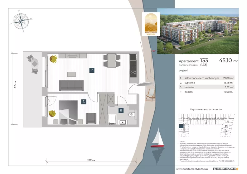2 pokoje, apartament inwestycyjny 45,10 m², piętro 1, oferta nr 1.33, Apartamenty Klifova, Jastrzębia Góra, ul. Klifowa 22