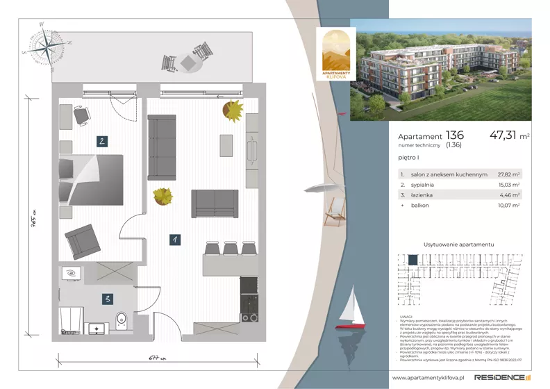 2 pokoje, apartament inwestycyjny 47,31 m², piętro 1, oferta nr 1.36, Apartamenty Klifova, Jastrzębia Góra, ul. Klifowa 22