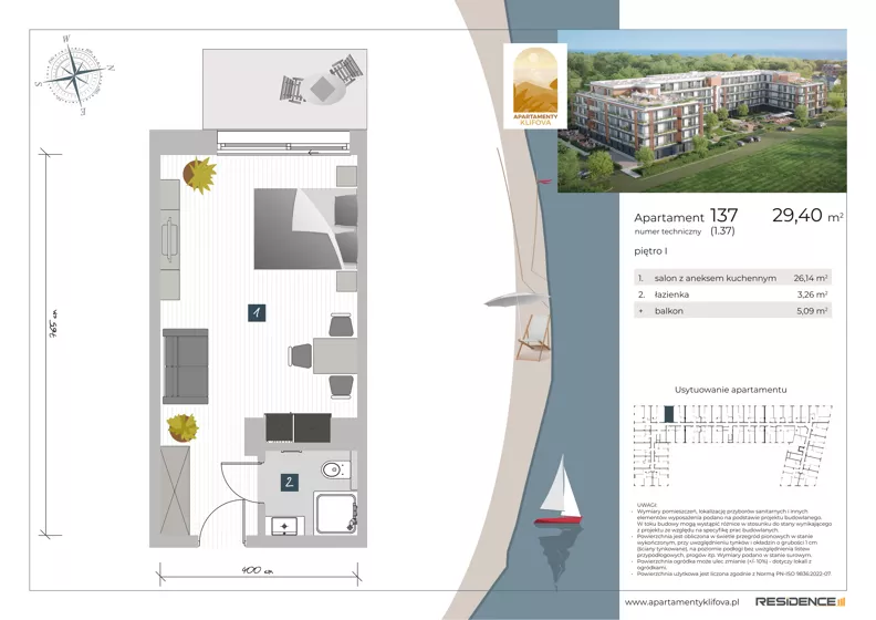 1 pokój, apartament inwestycyjny 29,40 m², piętro 1, oferta nr 1.37, Apartamenty Klifova, Jastrzębia Góra, ul. Klifowa 22