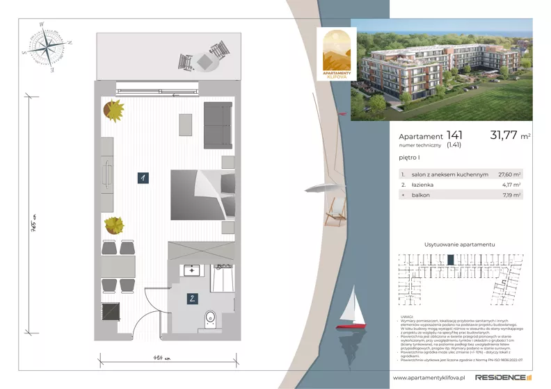 1 pokój, apartament inwestycyjny 31,77 m², piętro 1, oferta nr 1.41, Apartamenty Klifova, Jastrzębia Góra, ul. Klifowa 22