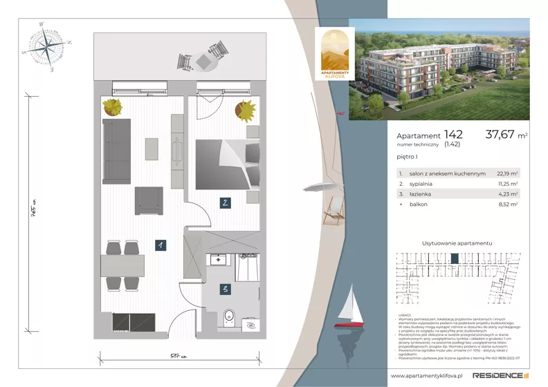 2 pokoje, apartament inwestycyjny 37,67 m², piętro 1, oferta nr 1.42, Apartamenty Klifova, Jastrzębia Góra, ul. Klifowa 22