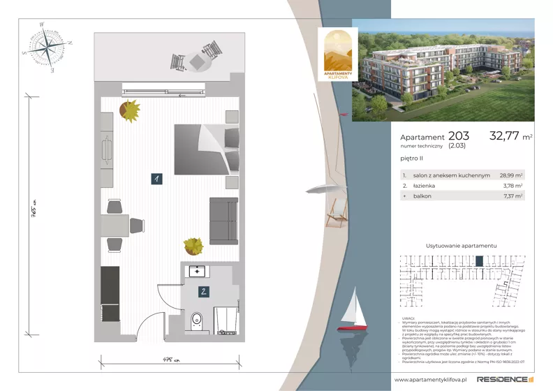 1 pokój, apartament inwestycyjny 32,77 m², piętro 2, oferta nr 2.03, Apartamenty Klifova, Jastrzębia Góra, ul. Klifowa 22