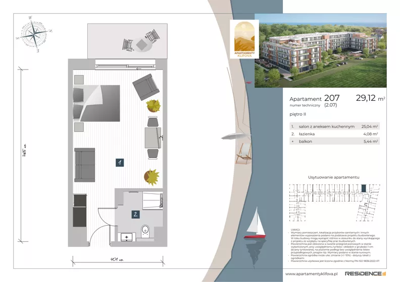 1 pokój, apartament inwestycyjny 29,12 m², piętro 2, oferta nr 2.07, Apartamenty Klifova, Jastrzębia Góra, ul. Klifowa 22