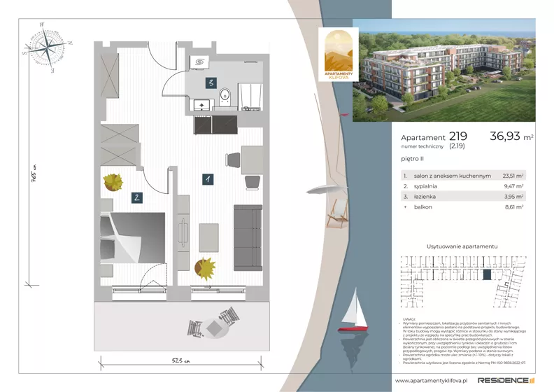 2 pokoje, apartament inwestycyjny 36,93 m², piętro 2, oferta nr 2.19, Apartamenty Klifova, Jastrzębia Góra, ul. Klifowa 22