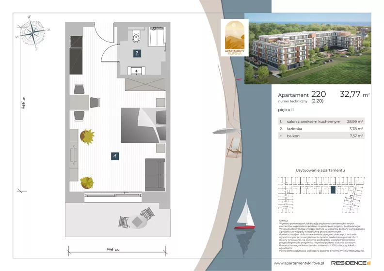 1 pokój, apartament inwestycyjny 32,72 m², piętro 2, oferta nr 2.20, Apartamenty Klifova, Jastrzębia Góra, ul. Klifowa 22