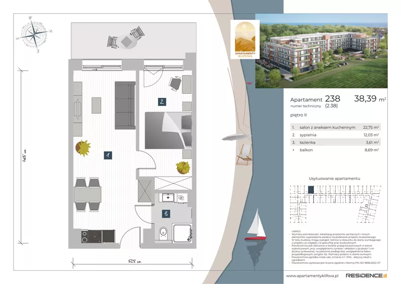 2 pokoje, apartament inwestycyjny 38,39 m², piętro 2, oferta nr 2.38, Apartamenty Klifova, Jastrzębia Góra, ul. Klifowa 22