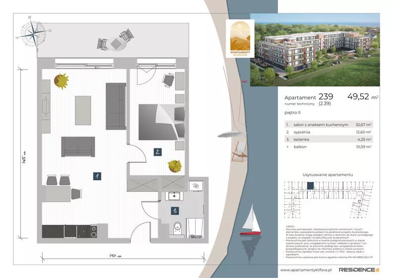 2 pokoje, apartament inwestycyjny 49,52 m², piętro 2, oferta nr 2.39, Apartamenty Klifova, Jastrzębia Góra, ul. Klifowa 22