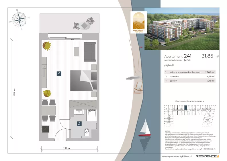 1 pokój, apartament inwestycyjny 31,77 m², piętro 2, oferta nr 2.41, Apartamenty Klifova, Jastrzębia Góra, ul. Klifowa 22