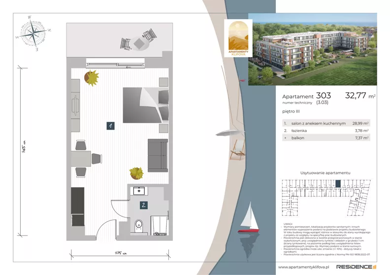1 pokój, apartament inwestycyjny 32,77 m², piętro 3, oferta nr 3.03, Apartamenty Klifova, Jastrzębia Góra, ul. Klifowa 22