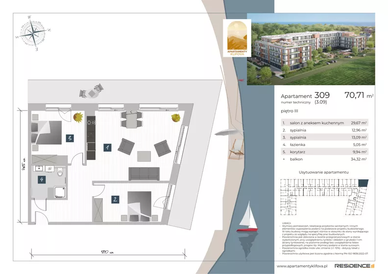 2 pokoje, apartament inwestycyjny 70,71 m², piętro 3, oferta nr 3.09, Apartamenty Klifova, Jastrzębia Góra, ul. Klifowa 22
