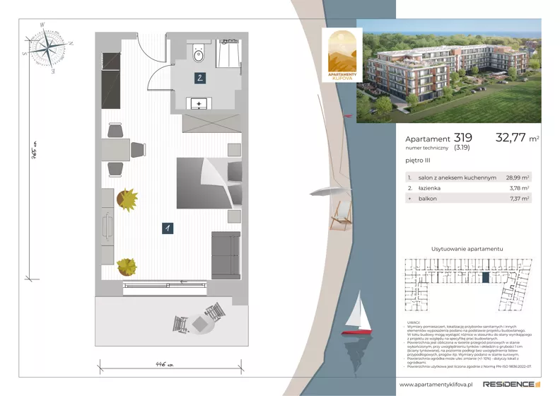 1 pokój, apartament inwestycyjny 32,77 m², piętro 3, oferta nr 3.19, Apartamenty Klifova, Jastrzębia Góra, ul. Klifowa 22