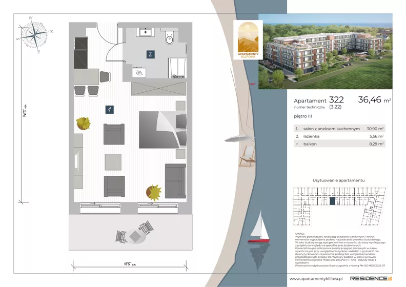 1 pokój, apartament inwestycyjny 36,46 m², piętro 3, oferta nr 3.22, Apartamenty Klifova, Jastrzębia Góra, ul. Klifowa 22